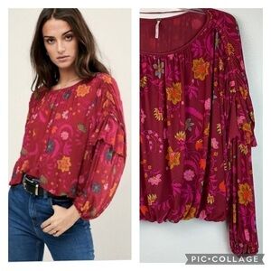 Free People berry wildflower print mesh scoop neck boho blouse balloon sleeves